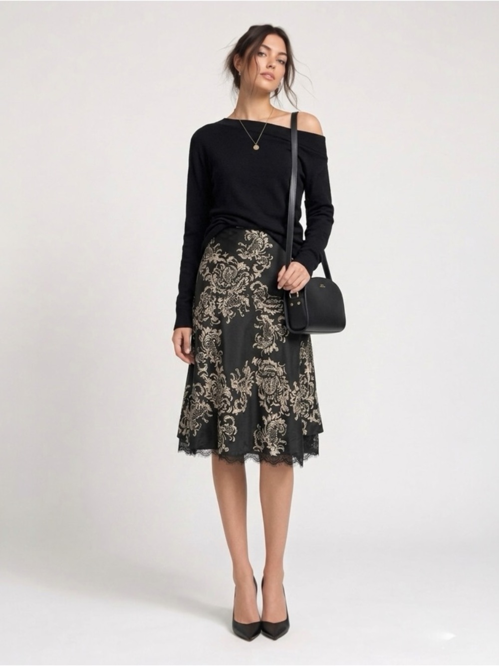 White House Black Market Silk Skirt 2 Black Ivory Baroque Floral WHBM Gothic - Picture 13 of 14